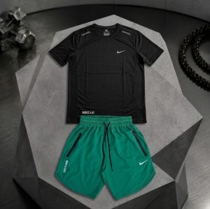 ست ورزشی تیشرت شلوارک مشکی سبز نایک اسپرت – Nike