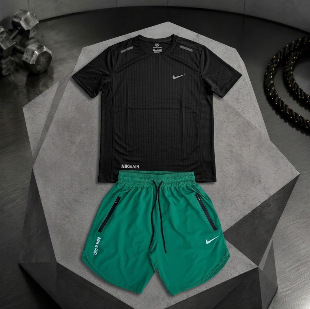 ست ورزشی تیشرت شلوارک مشکی سبز نایک اسپرت – Nike