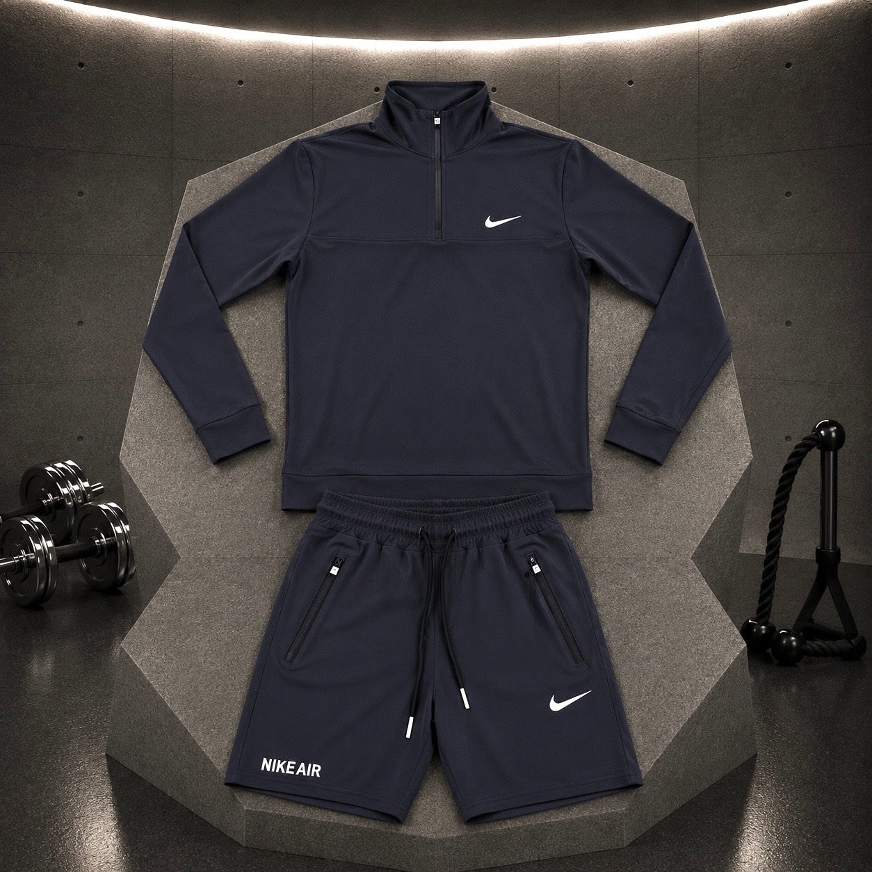 ست سویشرت شلوارک نیم زیپ نایک طوسی تیره مردانه - Nike