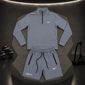 ست سویشرت شلوارک نیم زیپ نایک طوسی روشن مردانه - Nike