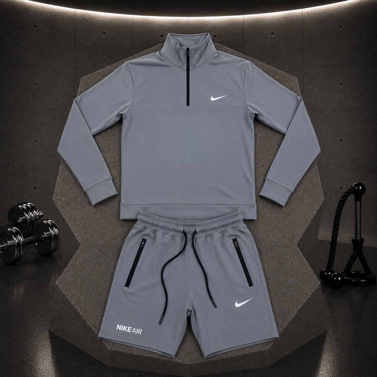 ست سویشرت شلوارک نیم زیپ نایک طوسی روشن مردانه - Nike