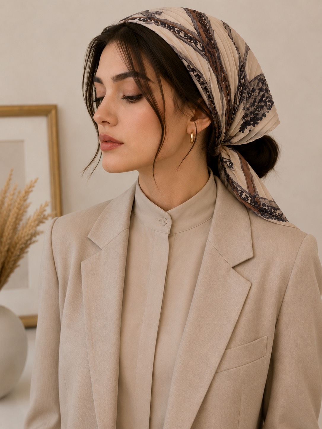 مینی اسکارف نخی کرم قهوه ای