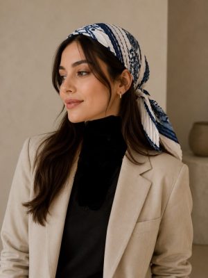 مینی اسکارف نخی طرح دار آبی