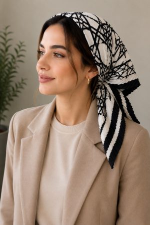 مینی اسکارف نخی سفید مشکی